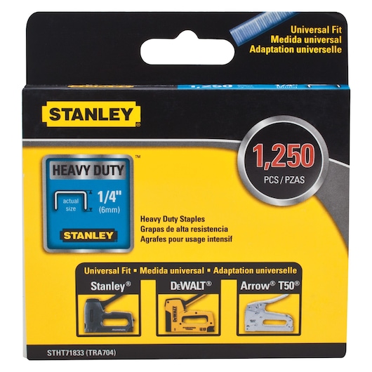 Photo of STANLEY STHT71833 heavy duty staples box, 1,250 count, 1/4 inch size, yellow and black packaging front.