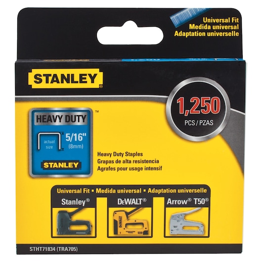 Stanley STHT71834 heavy duty staples box, 5/16 inch size, 1250 count, front angle on white background.