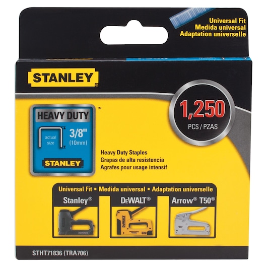 STANLEY STHT71836 heavy duty staples 3/8 inch, 1,250 count box, black and yellow universal fit packaging, front view.