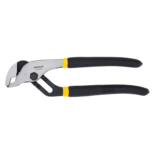 Stanley adjustable groove joint pliers, side view, black and yellow handles, white background