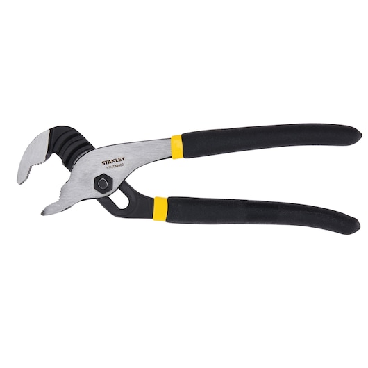 Stanley adjustable groove joint pliers, side view, silver jaws, black and yellow handle, on white background