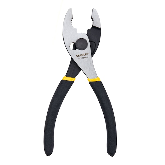 Front view of STANLEY slip joint pliers with black grips and steel jaws, model STHT84041.