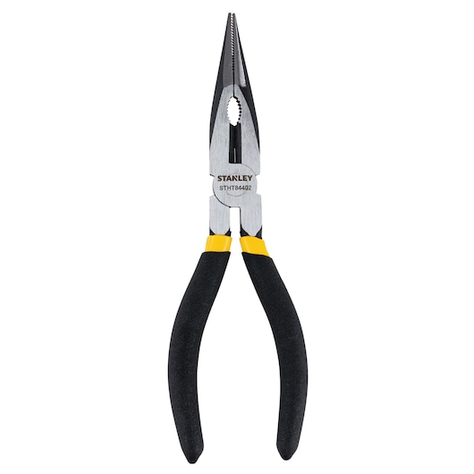 Photo of STANLEY STHT84402 long nose pliers with black and yellow handles, front angle on white background.