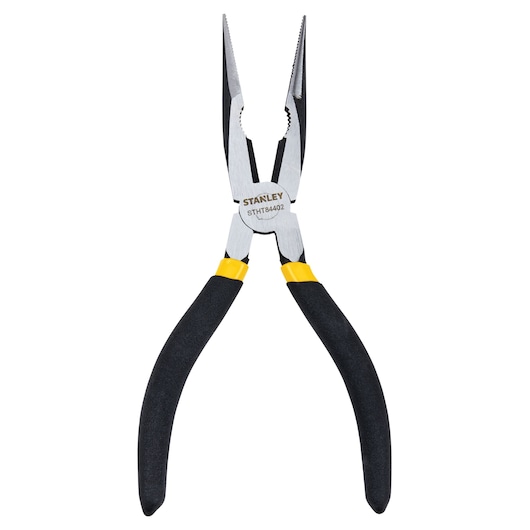 Stanley long nose pliers with black and yellow handles, front view on white background