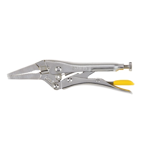 Stanley long nose locking pliers, silver with yellow handle accents, side view on white background