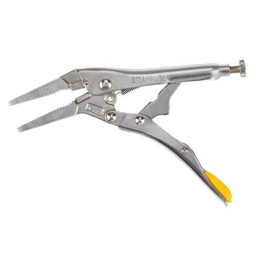 Stanley long nose locking pliers side view, silver metal with yellow handle tip, white background