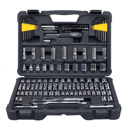 Stanley socket and ratchet set with metric and SAE sockets, hex keys, screwdriver bits in black plastic case, front angle.
