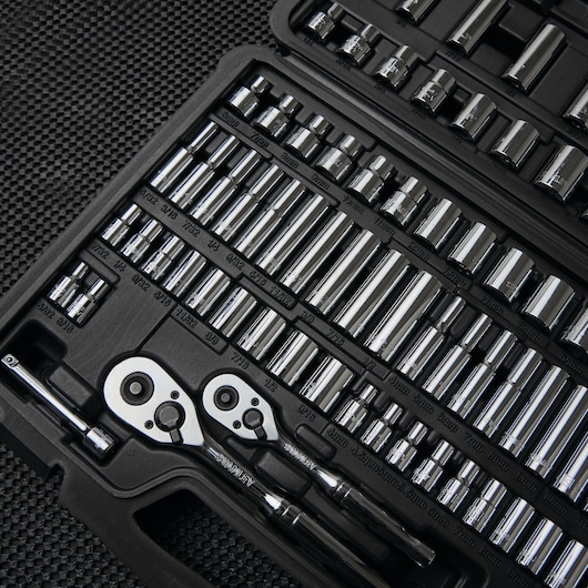 STANLEY STMT71652 socket and ratchet set in black case, angled view showing chrome tools.