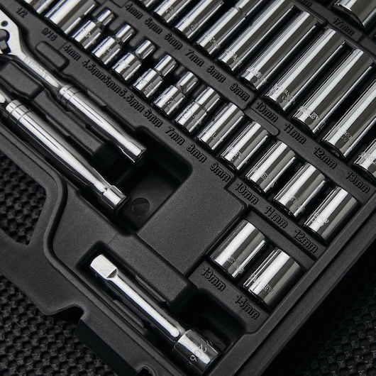 STANLEY socket set STMT71652 with chrome sockets and extensions organized in a black case, top view.