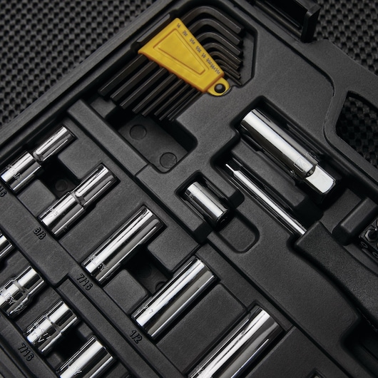 Stanley STMT71652 socket and hex key set in black tray, photographed from above.