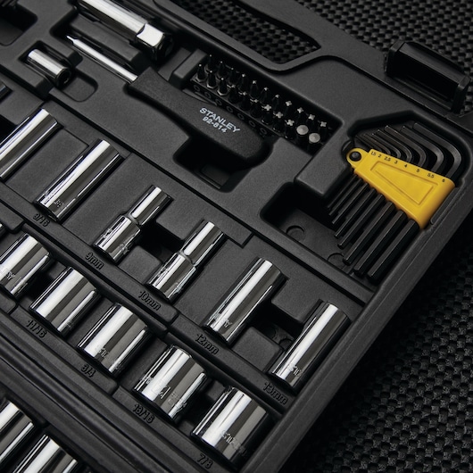 STANLEY socket and hex key set STMT71652 with chrome sockets, precision bits, and yellow hex key holder in black case.