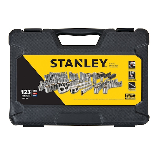 STANLEY STMT71652 socket set, 123-piece, chrome sockets and ratchets in a black hard plastic carrying case, front view.