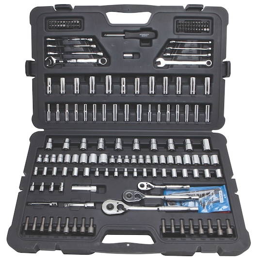 Stanley socket and wrench set in black plastic case, top-down angle, includes ratchets and multiple bits