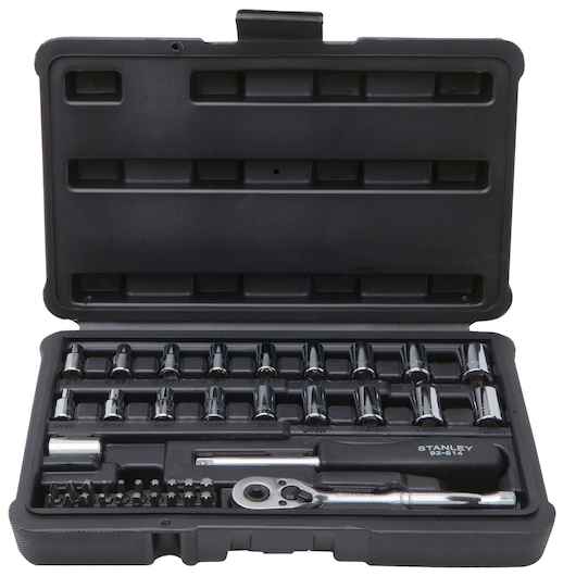 Stanley socket and ratchet set in black plastic case, front angle, multiple sockets and bits arranged inside