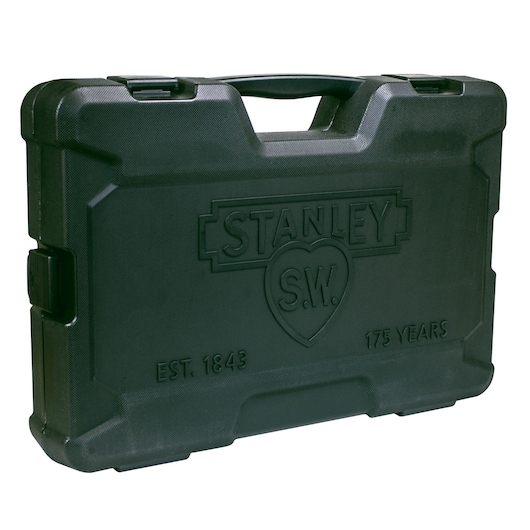 Stanley black hard plastic tool case, angled view, with embossed logo and handle on white background.