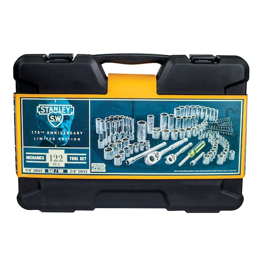 STANLEY STMT82651 122-piece mechanics tool set case, black and yellow with front label showing tool assortment.