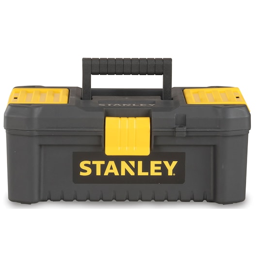 Stanley STST13331 plastic toolbox, black with yellow latches, front angle photo.