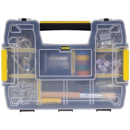 Front angle Stanley organizer box with transparent compartments holding craft supplies and accessories
