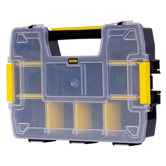 STANLEY organizer box, front angle on white background, clear lid with yellow and black accents, multiple compartments