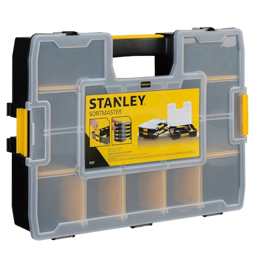 STANLEY STST14027 organizer case with transparent lid and yellow latches, front angle on white background.