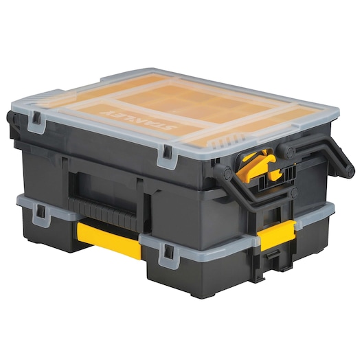 STANLEY STST14028 stackable black and yellow plastic tool organizer box, angled view on white background.