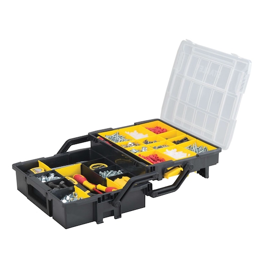 STANLEY black and yellow plastic organizer box with open lid, showing compartments filled with screws and tools, front angle.