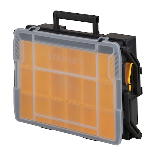 Stanley plastic organizer with transparent lid, yellow compartments, side latch, and black handle, angled view