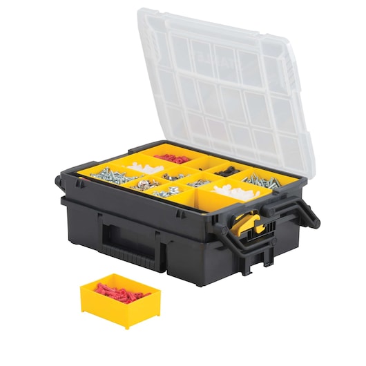 Stanley black and yellow organizer box with clear lid, open to show compartments holding screws and hardware, front angle