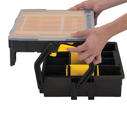 STANLEY STST14028 organizer with clear lid, black and yellow removable compartments, photo showing open top and handles.
