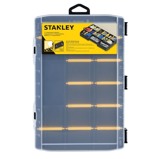 STANLEY STST14111 clear plastic 17-compartment organizer box with black base and yellow dividers, top view on white background.
