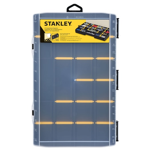 STANLEY STST14114 22-compartment organizer with clear plastic lid, yellow dividers, and black side latches, top view.