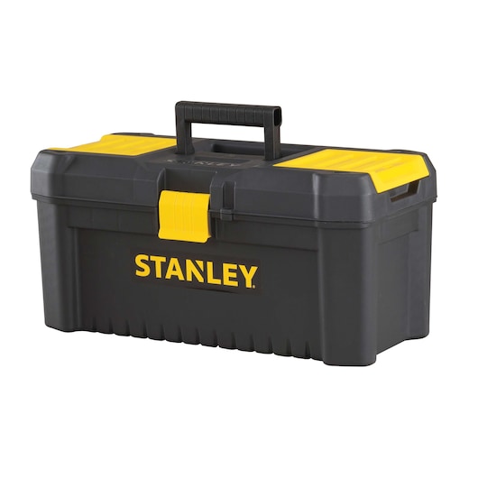 Stanley black and yellow plastic toolbox with handle, angled front view on white background