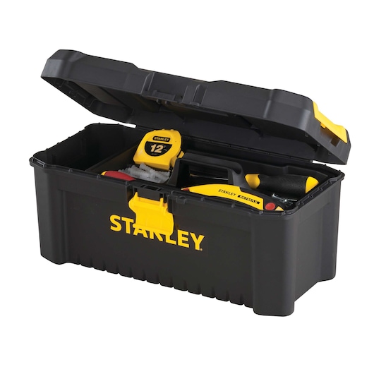 Stanley toolbox front angle on white background, lid open, displaying tape measure and hand tools inside
