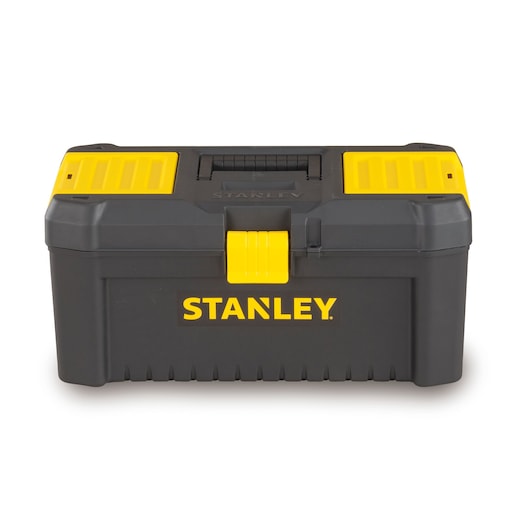 STANLEY STST16331 black and yellow plastic toolbox, front angle, with handle and secure latch.