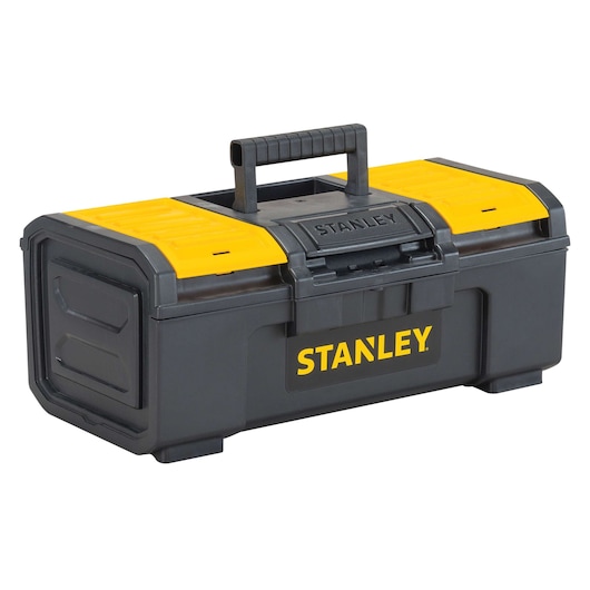 STANLEY black and yellow plastic toolbox, angled view on white background, top handle and latch visible