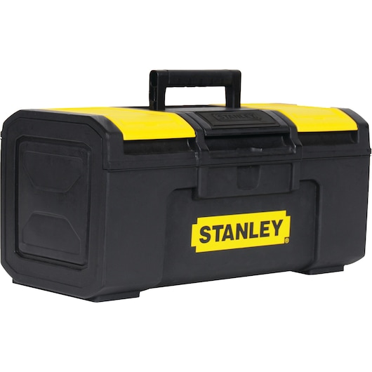 Photo of STANLEY STST16410 black and yellow plastic toolbox with handle, angled on white background.