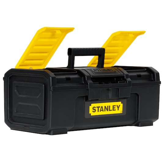 Photo of STANLEY STST16410 black toolbox with yellow lid compartments, front angle on white background.