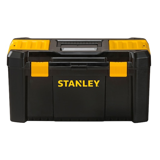 Front view of Stanley black and yellow plastic toolbox with central handle and secure latches on white background.