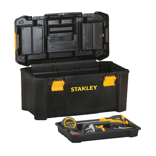 Stanley black toolbox with yellow latches, open lid, and removable tray with assorted tools, front angle