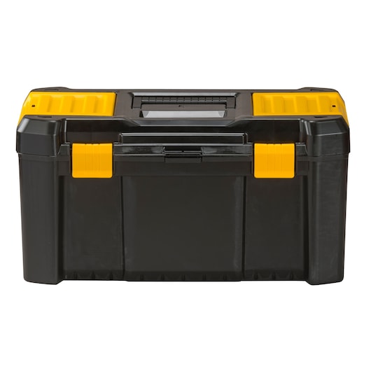 Stanley black plastic toolbox with yellow latches, front angle on white background