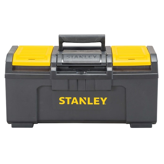 Front angle of STANLEY black toolbox with yellow compartments and black handle on white background
