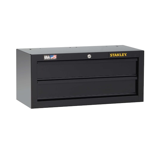 Stanley black metal wall-mounted tool chest with two drawers, front angled on white background.