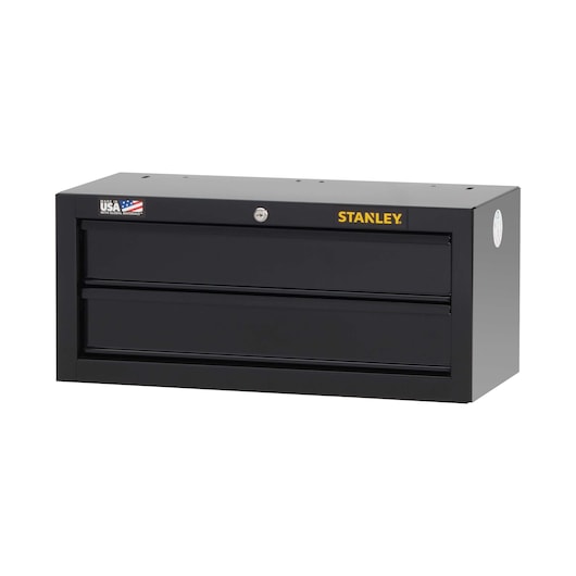 Stanley black steel tool chest front angle on white background, with two drawers and lock.
