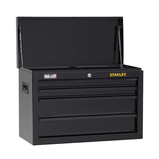 Stanley black metal tool chest front angle, open lid, three drawers, side handles, white background
