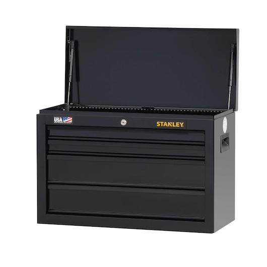 Stanley black metal tool chest with three drawers and open top, front angle, white background