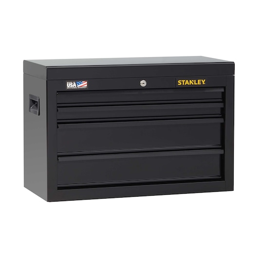 Stanley black metal tool chest with four drawers, side handles, and lock, angled front view on white background