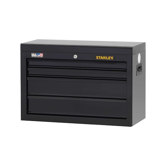 Front shot of STANLEY black steel tool chest with four drawers and side handles on white background