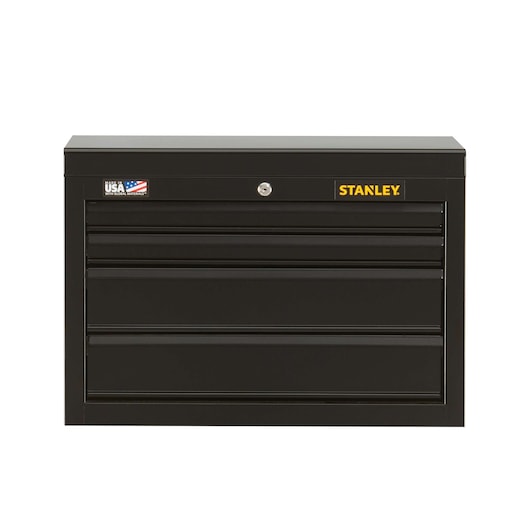Front view of STANLEY black metal tool chest with three drawers and lock, USA label on top left.
