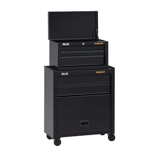 Stanley black steel rolling tool chest with three upper drawers, two lower drawers, and open top, front angle.