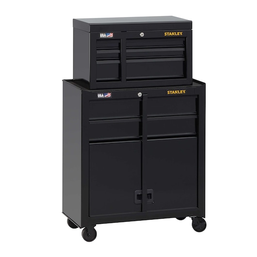 Stanley black rolling tool chest with multiple drawers and lower cabinet, front angle on white background